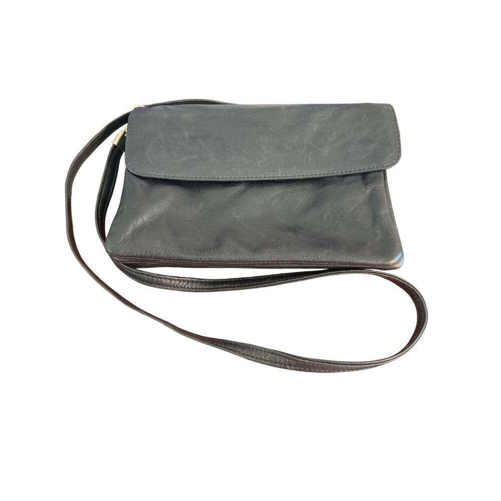 Vintage Due Fratelli Navy Blue Leather Shoulder Crossbody Bag Zipper Sections